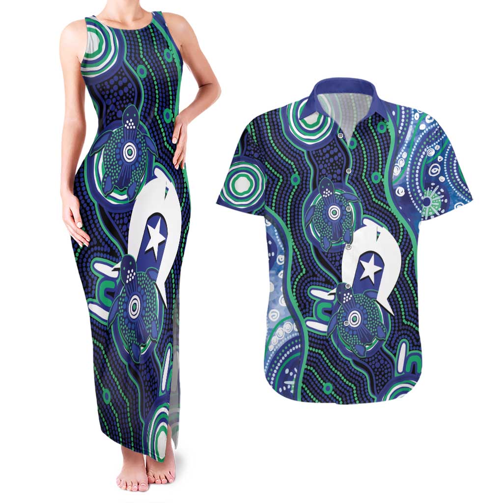 Personalised Torres Strait Islander Flag Day Couples Matching Tank Maxi Dress and Hawaiian Shirt Aboriginal Sea Turtle And Dhari