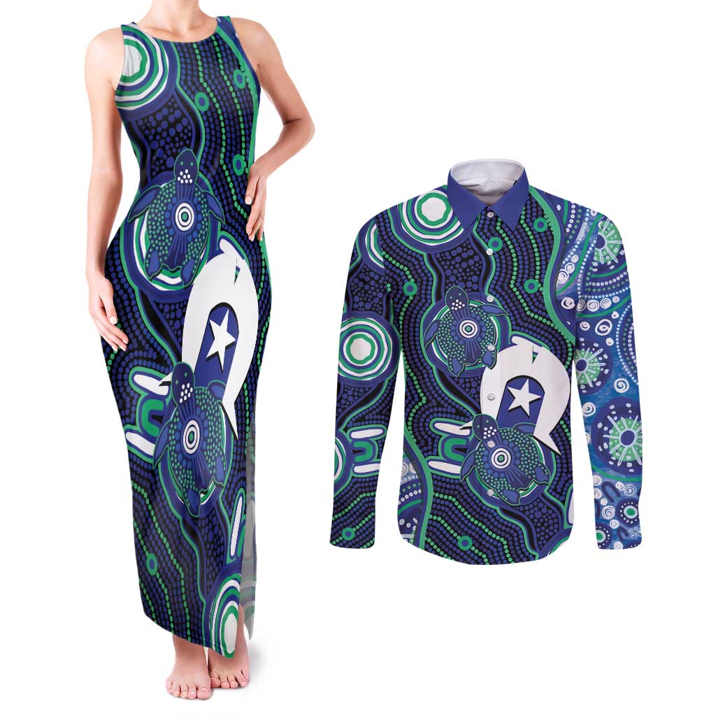Personalised Torres Strait Islander Flag Day Couples Matching Tank Maxi Dress and Long Sleeve Button Shirt Aboriginal Sea Turtle And Dhari