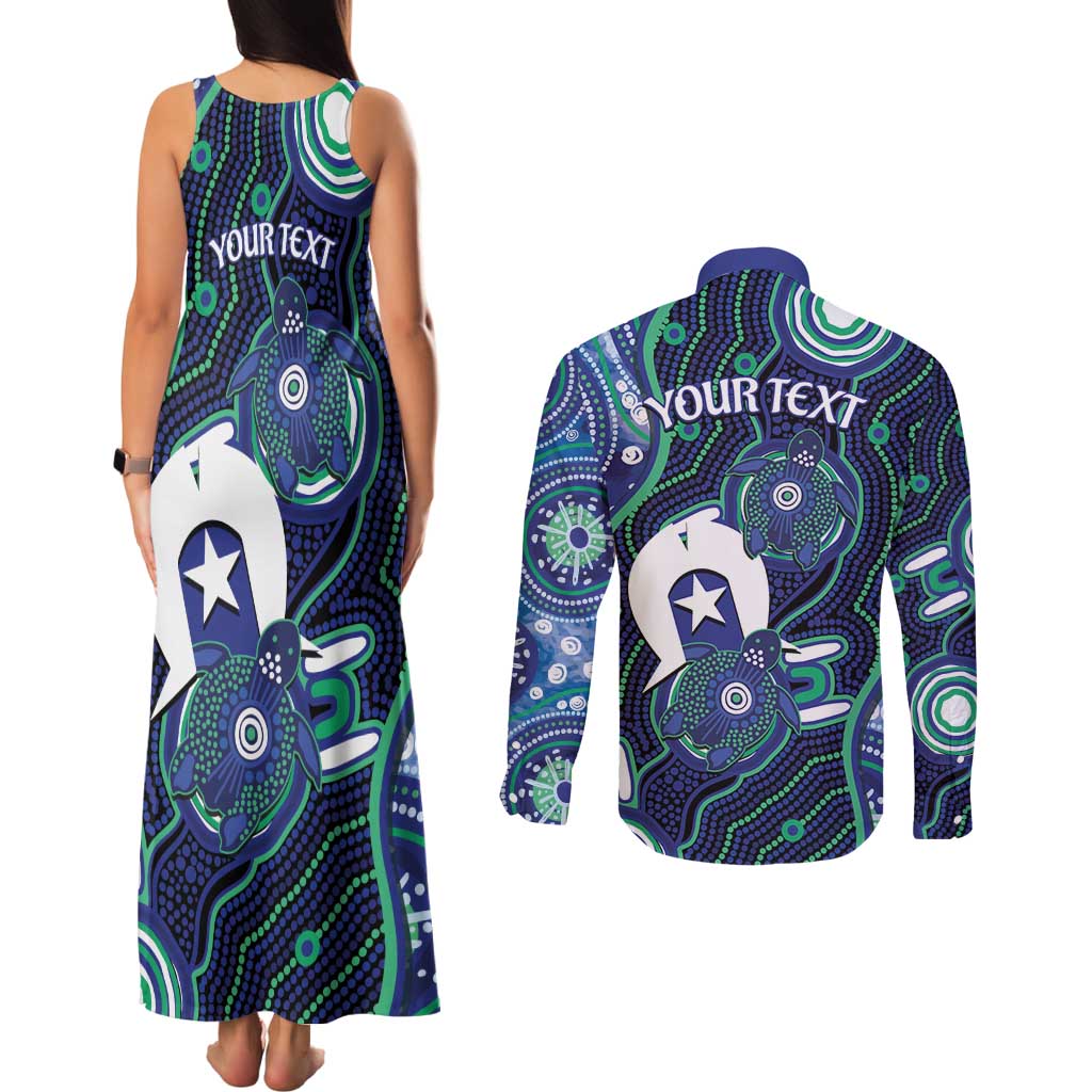 Personalised Torres Strait Islander Flag Day Couples Matching Tank Maxi Dress and Long Sleeve Button Shirt Aboriginal Sea Turtle And Dhari