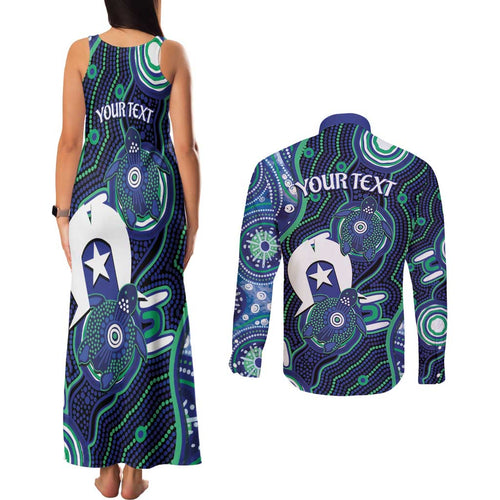 Personalised Torres Strait Islander Flag Day Couples Matching Tank Maxi Dress and Long Sleeve Button Shirt Aboriginal Sea Turtle And Dhari