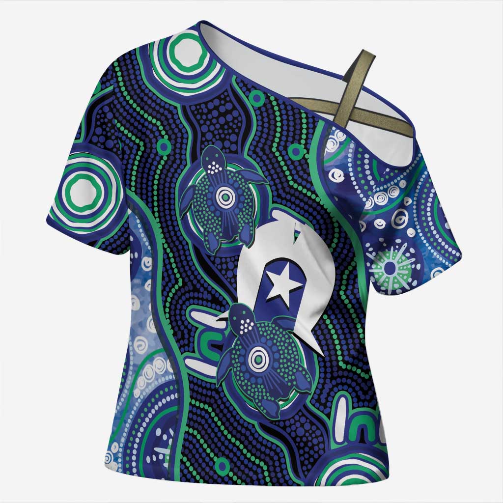 Personalised Torres Strait Islander Flag Day Cross Shoulder Shirt Aboriginal Sea Turtle And Dhari