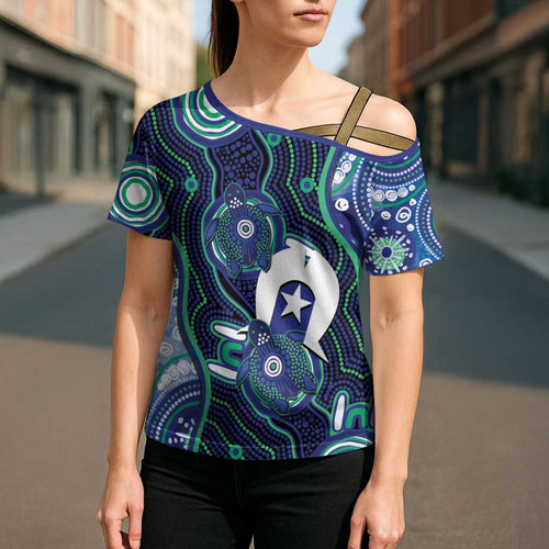 Personalised Torres Strait Islander Flag Day Cross Shoulder Shirt Aboriginal Sea Turtle And Dhari