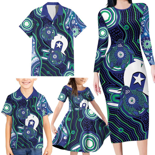 Personalised Torres Strait Islander Flag Day Family Matching Long Sleeve Bodycon Dress and Hawaiian Shirt Aboriginal Sea Turtle And Dhari