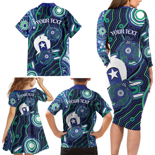 Personalised Torres Strait Islander Flag Day Family Matching Long Sleeve Bodycon Dress and Hawaiian Shirt Aboriginal Sea Turtle And Dhari