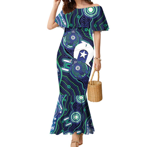 Personalised Torres Strait Islander Flag Day Family Matching Mermaid Dress and Hawaiian Shirt Aboriginal Sea Turtle And Dhari