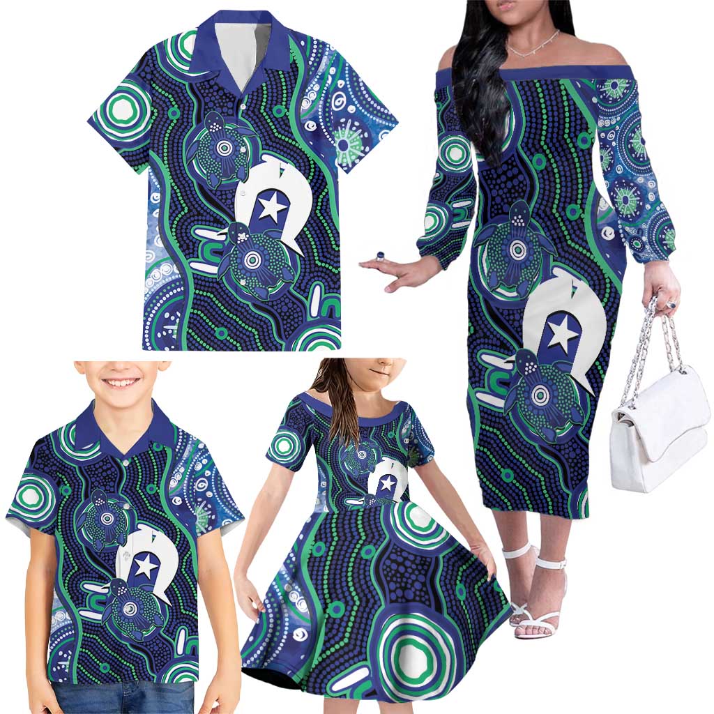 Personalised Torres Strait Islander Flag Day Family Matching Off The Shoulder Long Sleeve Dress and Hawaiian Shirt Aboriginal Sea Turtle And Dhari