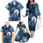 Personalised Torres Strait Islander Flag Day Family Matching Off The Shoulder Long Sleeve Dress and Hawaiian Shirt Aboriginal Sea Turtle And Dhari