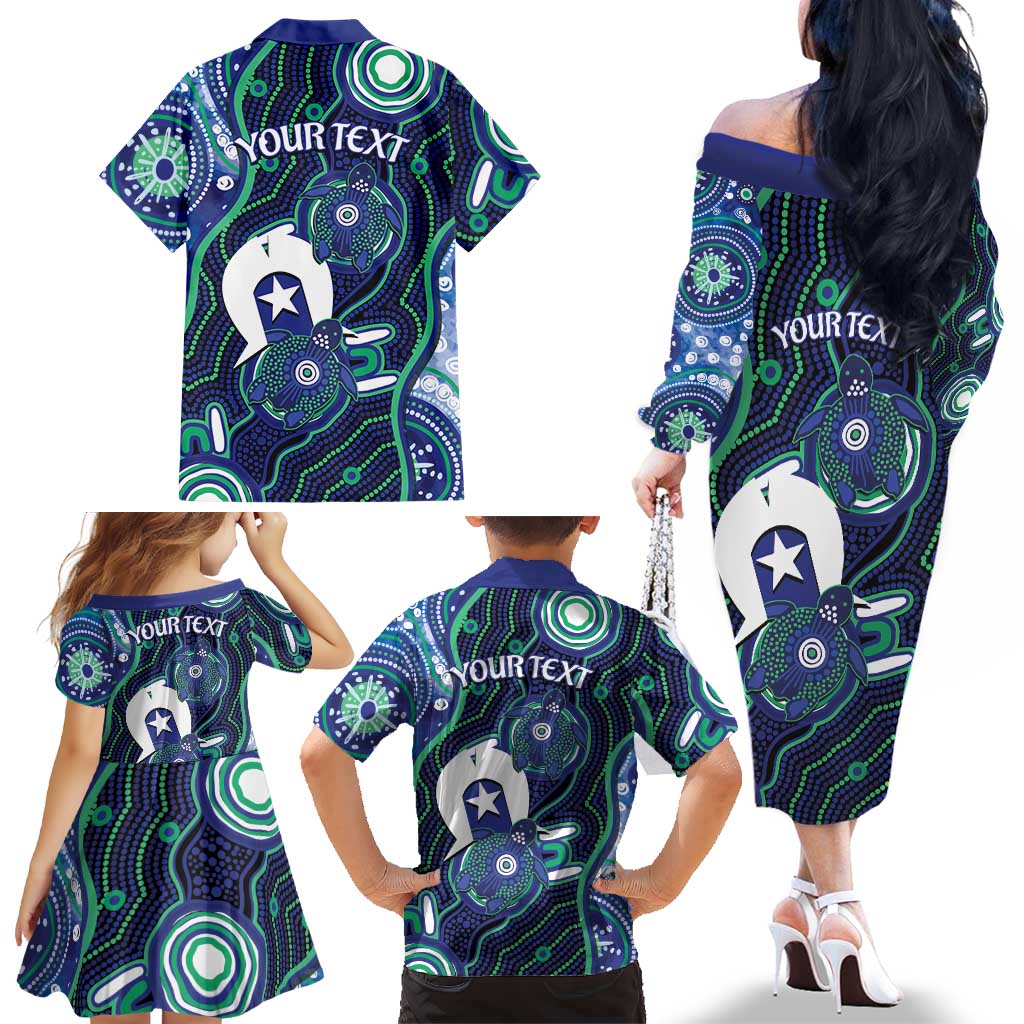 Personalised Torres Strait Islander Flag Day Family Matching Off The Shoulder Long Sleeve Dress and Hawaiian Shirt Aboriginal Sea Turtle And Dhari