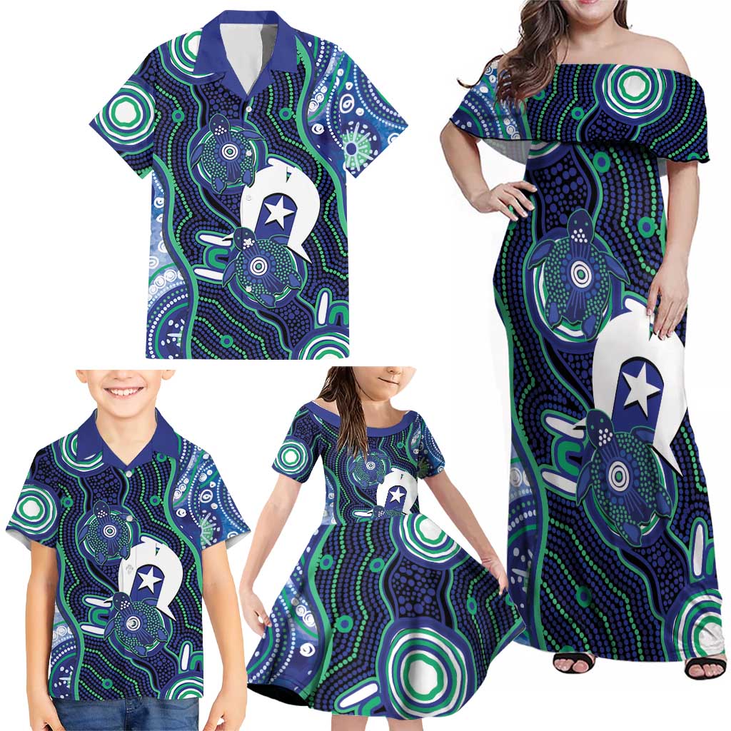 Personalised Torres Strait Islander Flag Day Family Matching Off Shoulder Maxi Dress and Hawaiian Shirt Aboriginal Sea Turtle And Dhari