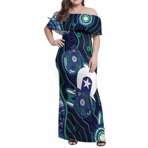 Personalised Torres Strait Islander Flag Day Family Matching Off Shoulder Maxi Dress and Hawaiian Shirt Aboriginal Sea Turtle And Dhari