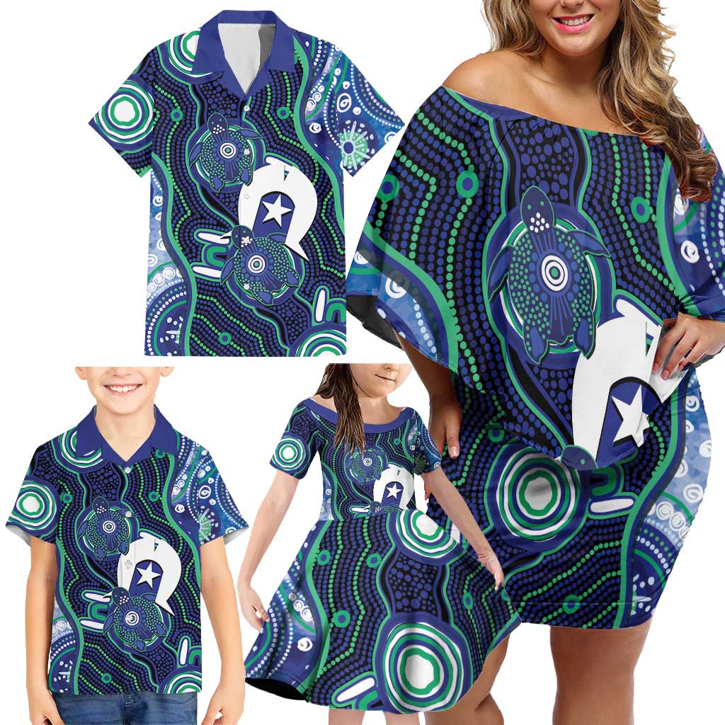 Personalised Torres Strait Islander Flag Day Family Matching Off Shoulder Short Dress and Hawaiian Shirt Aboriginal Sea Turtle And Dhari