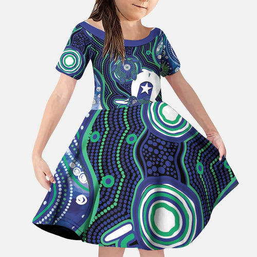 Personalised Torres Strait Islander Flag Day Family Matching Off Shoulder Short Dress and Hawaiian Shirt Aboriginal Sea Turtle And Dhari