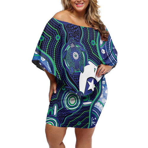 Personalised Torres Strait Islander Flag Day Family Matching Off Shoulder Short Dress and Hawaiian Shirt Aboriginal Sea Turtle And Dhari