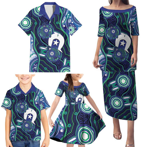 Personalised Torres Strait Islander Flag Day Family Matching Puletasi and Hawaiian Shirt Aboriginal Sea Turtle And Dhari