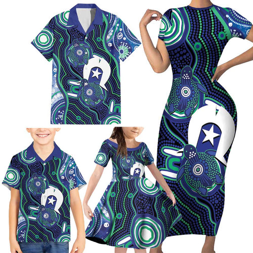 Personalised Torres Strait Islander Flag Day Family Matching Short Sleeve Bodycon Dress and Hawaiian Shirt Aboriginal Sea Turtle And Dhari