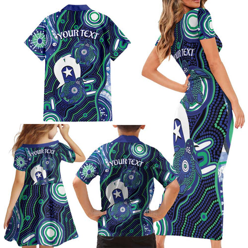 Personalised Torres Strait Islander Flag Day Family Matching Short Sleeve Bodycon Dress and Hawaiian Shirt Aboriginal Sea Turtle And Dhari