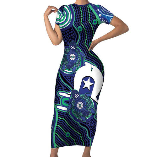 Personalised Torres Strait Islander Flag Day Family Matching Short Sleeve Bodycon Dress and Hawaiian Shirt Aboriginal Sea Turtle And Dhari