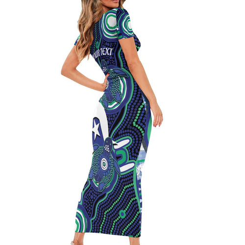 Personalised Torres Strait Islander Flag Day Family Matching Short Sleeve Bodycon Dress and Hawaiian Shirt Aboriginal Sea Turtle And Dhari