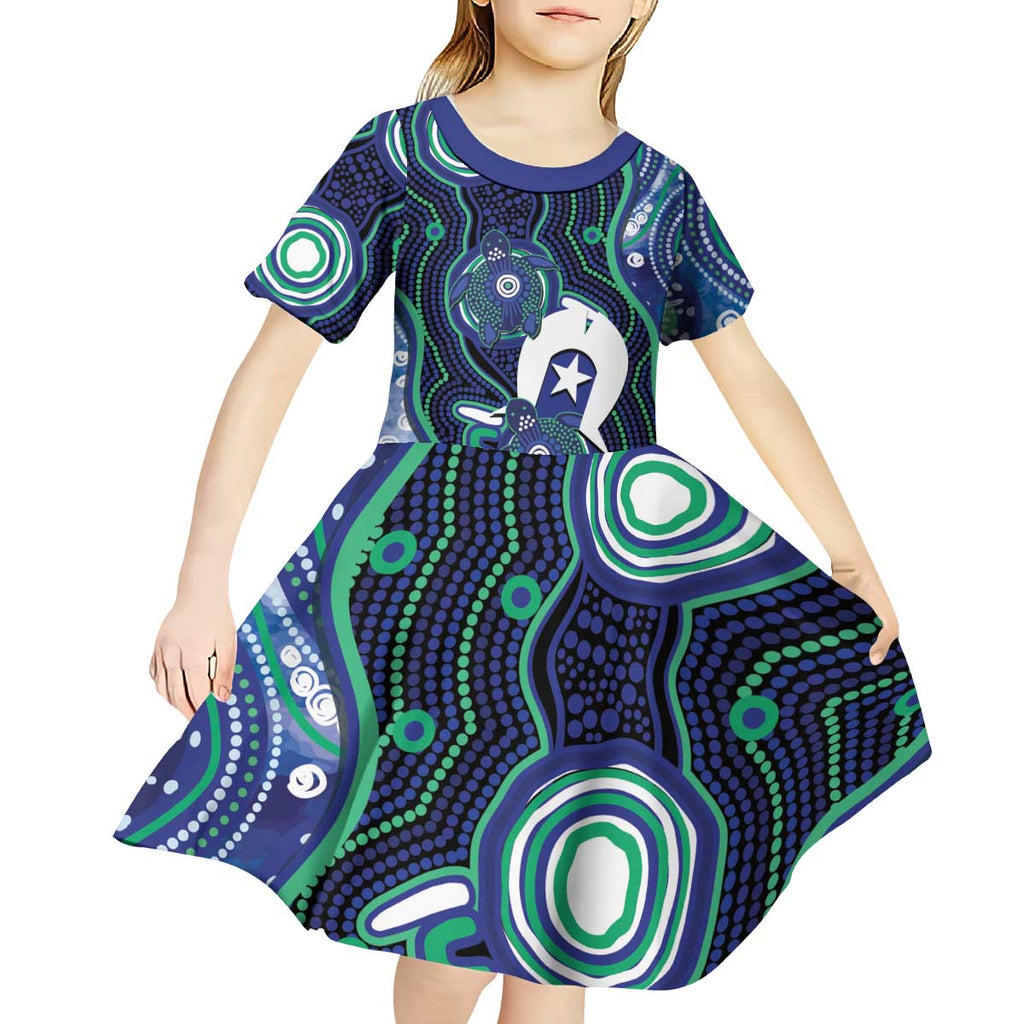 Personalised Torres Strait Islander Flag Day Kid Short Sleeve Dress Aboriginal Sea Turtle And Dhari