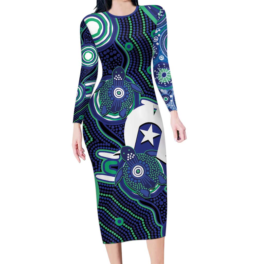 Personalised Torres Strait Islander Flag Day Long Sleeve Bodycon Dress Aboriginal Sea Turtle And Dhari