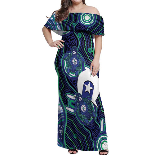 Personalised Torres Strait Islander Flag Day Off Shoulder Maxi Dress Aboriginal Sea Turtle And Dhari
