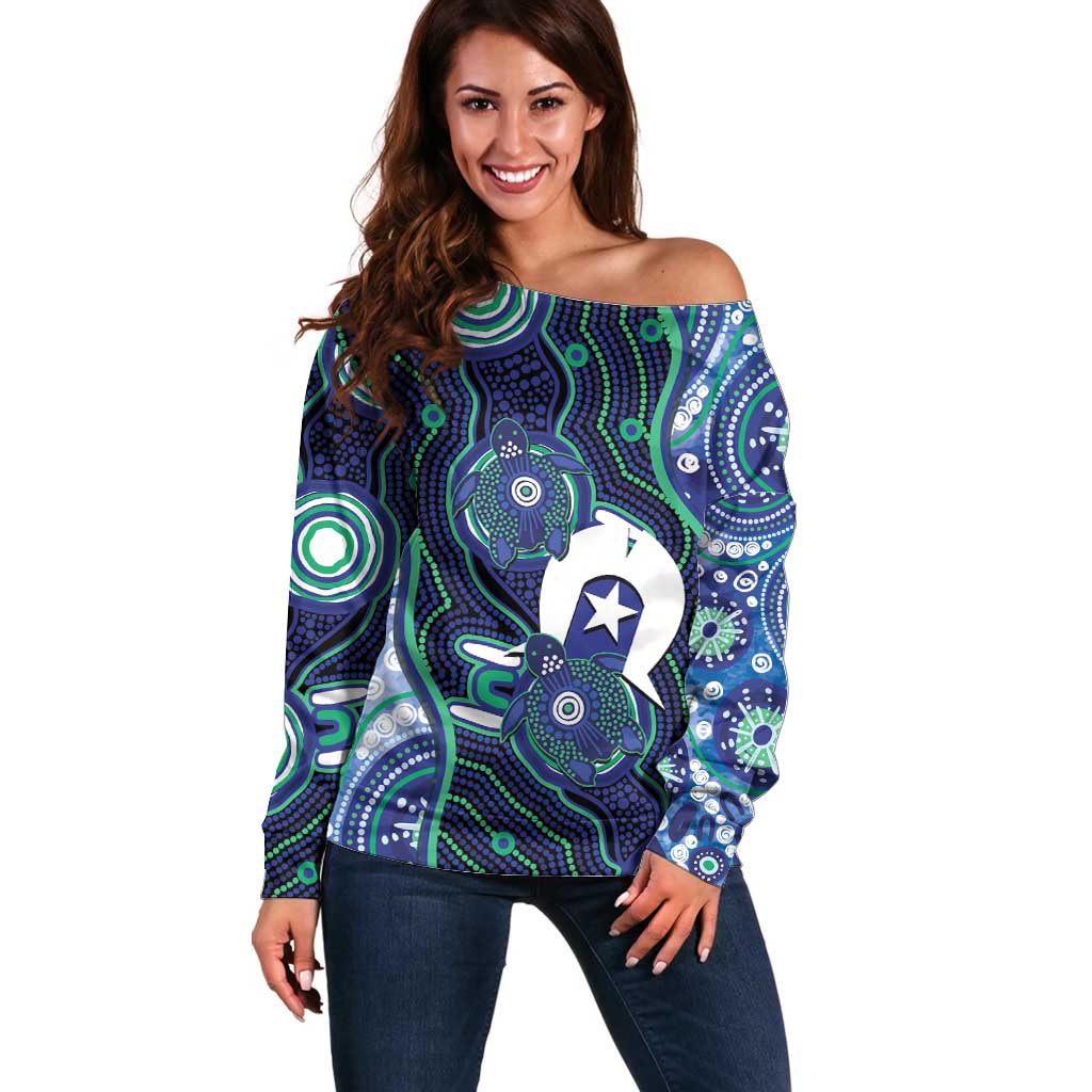 Personalised Torres Strait Islander Flag Day Off Shoulder Sweater Aboriginal Sea Turtle And Dhari