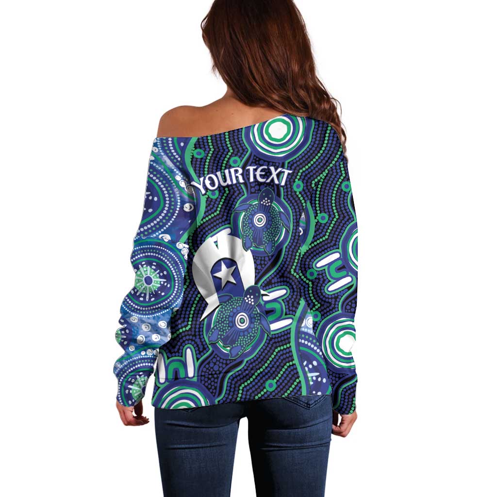 Personalised Torres Strait Islander Flag Day Off Shoulder Sweater Aboriginal Sea Turtle And Dhari