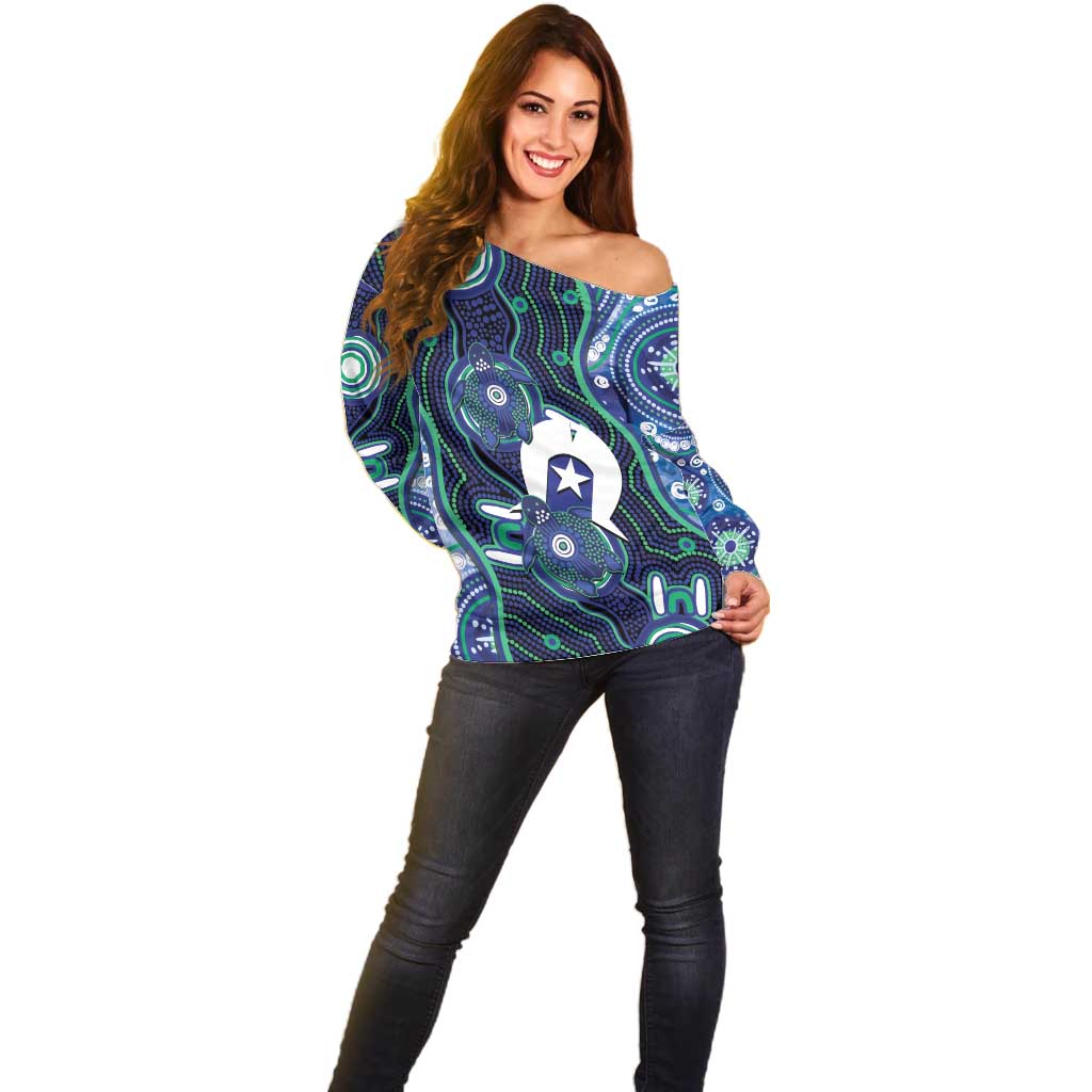 Personalised Torres Strait Islander Flag Day Off Shoulder Sweater Aboriginal Sea Turtle And Dhari