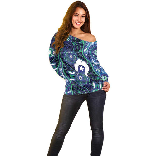 Personalised Torres Strait Islander Flag Day Off Shoulder Sweater Aboriginal Sea Turtle And Dhari