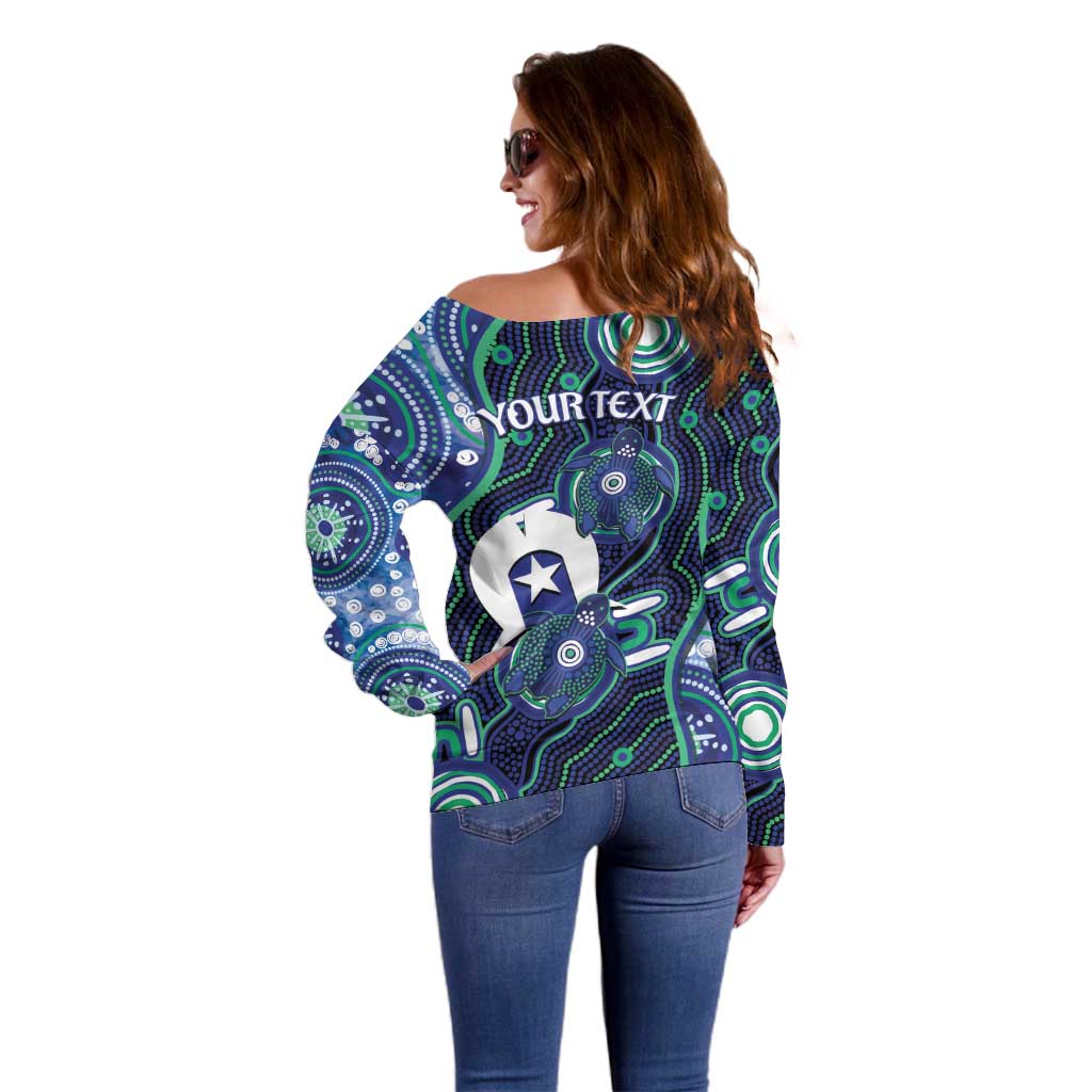 Personalised Torres Strait Islander Flag Day Off Shoulder Sweater Aboriginal Sea Turtle And Dhari