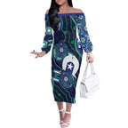 Personalised Torres Strait Islander Flag Day Off The Shoulder Long Sleeve Dress Aboriginal Sea Turtle And Dhari