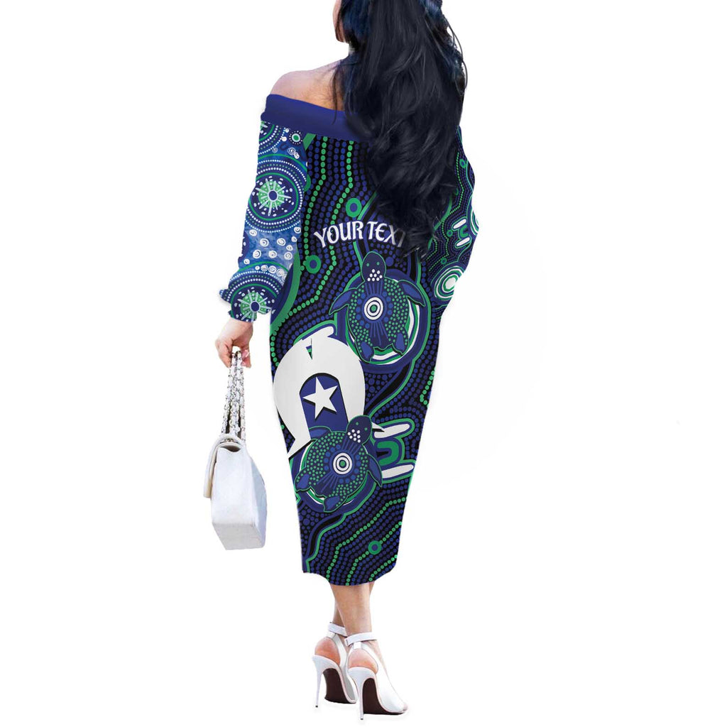 Personalised Torres Strait Islander Flag Day Off The Shoulder Long Sleeve Dress Aboriginal Sea Turtle And Dhari