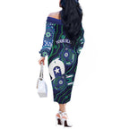 Personalised Torres Strait Islander Flag Day Off The Shoulder Long Sleeve Dress Aboriginal Sea Turtle And Dhari