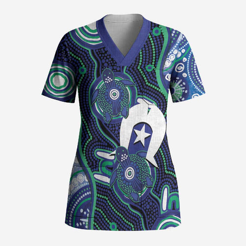 Personalised Torres Strait Islander Flag Day Scrub Top Aboriginal Sea Turtle And Dhari