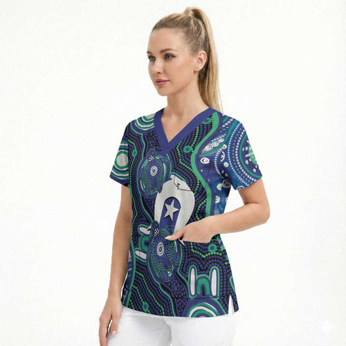 Personalised Torres Strait Islander Flag Day Scrub Top Aboriginal Sea Turtle And Dhari