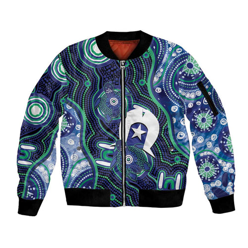 Personalised Torres Strait Islander Flag Day Sleeve Zip Bomber Jacket Aboriginal Sea Turtle And Dhari