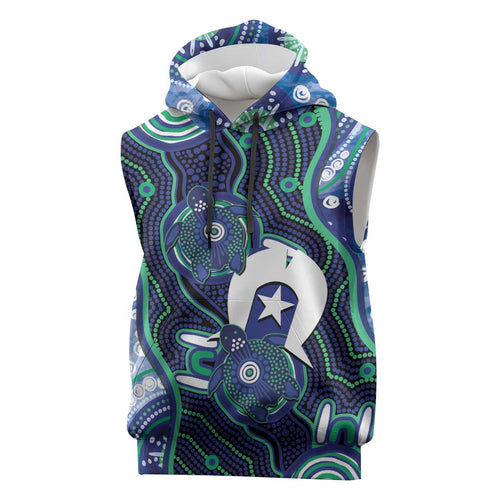 Personalised Torres Strait Islander Flag Day Sleeveless Hoodie Aboriginal Sea Turtle And Dhari