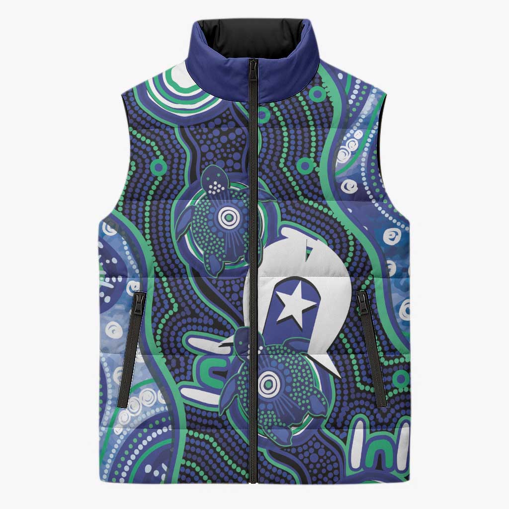 Personalised Torres Strait Islander Flag Day Sleeveless Puffer Jacket Aboriginal Sea Turtle And Dhari