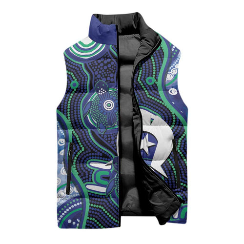 Personalised Torres Strait Islander Flag Day Sleeveless Puffer Jacket Aboriginal Sea Turtle And Dhari