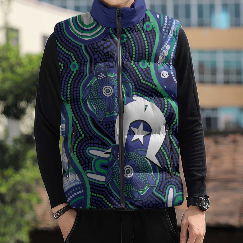 Personalised Torres Strait Islander Flag Day Sleeveless Puffer Jacket Aboriginal Sea Turtle And Dhari