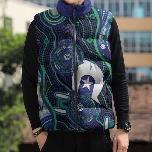 Personalised Torres Strait Islander Flag Day Sleeveless Puffer Jacket Aboriginal Sea Turtle And Dhari