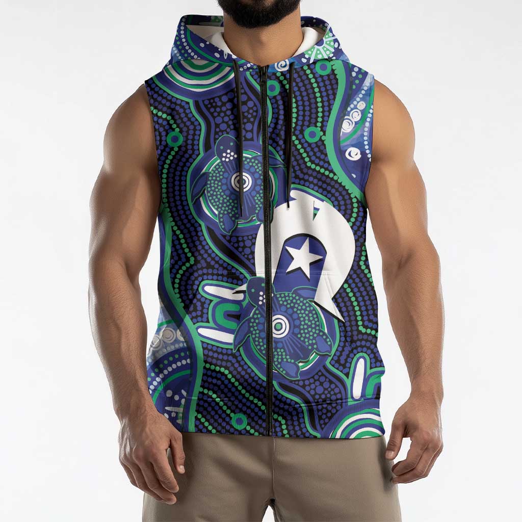 Personalised Torres Strait Islander Flag Day Sleeveless Zip Hoodie Aboriginal Sea Turtle And Dhari