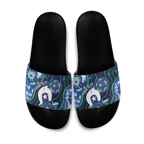 Personalised Torres Strait Islander Flag Day Slide Sandals Aboriginal Sea Turtle And Dhari