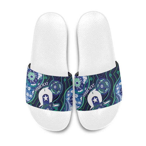 Personalised Torres Strait Islander Flag Day Slide Sandals Aboriginal Sea Turtle And Dhari
