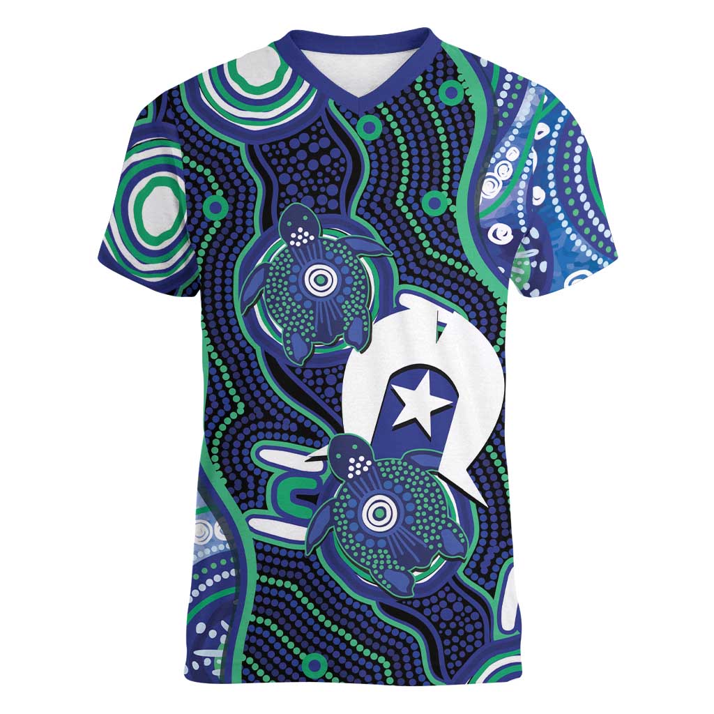 Personalised Torres Strait Islander Flag Day Women V-Neck T-Shirt Aboriginal Sea Turtle And Dhari