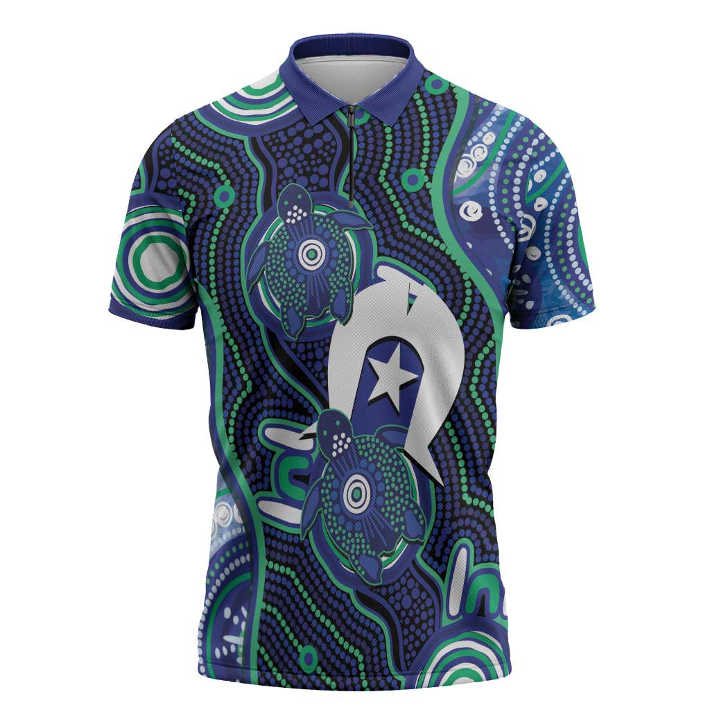 Personalised Torres Strait Islander Flag Day Zipper Polo Shirt Aboriginal Sea Turtle And Dhari