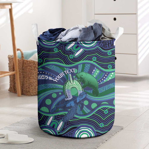 Personalised Torres Strait Islander Flag Day Laundry Basket Dhari Australia Dugong Turtle Aboriginal Art