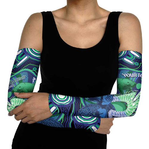 Personalised Torres Strait Islander Flag Day Arm Sleeves Dhari Australia Dugong Turtle Aboriginal Art