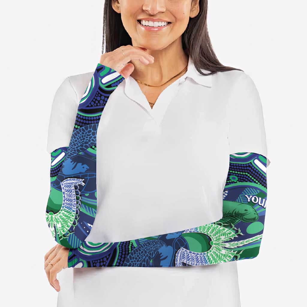 Personalised Torres Strait Islander Flag Day Arm Sleeves Dhari Australia Dugong Turtle Aboriginal Art