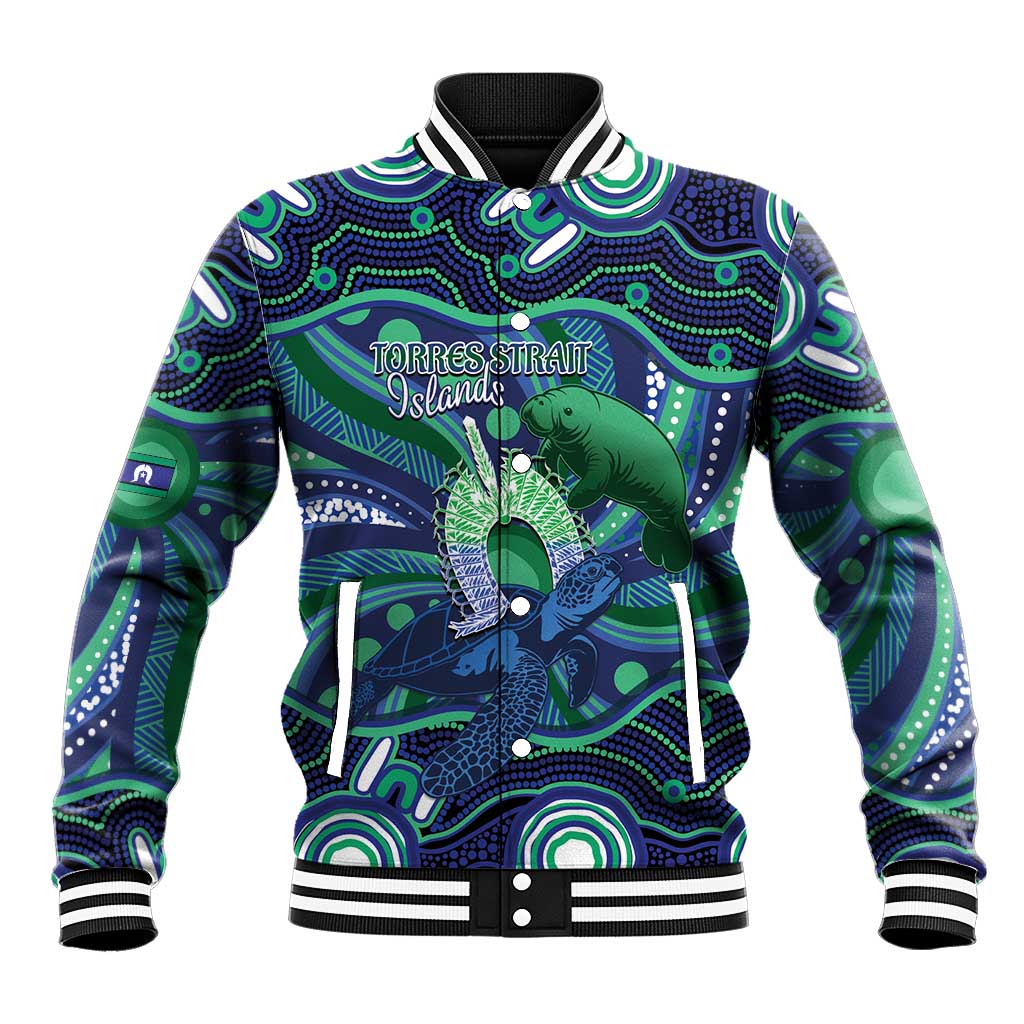 Personalised Torres Strait Islander Flag Day Baseball Jacket Dhari Australia Dugong Turtle Aboriginal Art